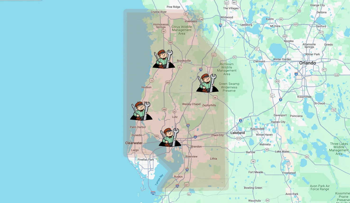 Cornerstone Pros service area map covering Greater Tampa Bay